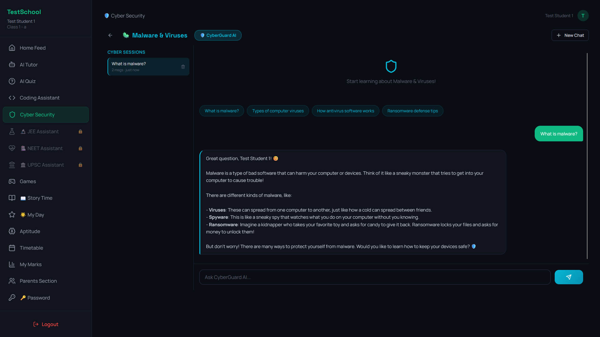Student Dashboard - Cyber Security