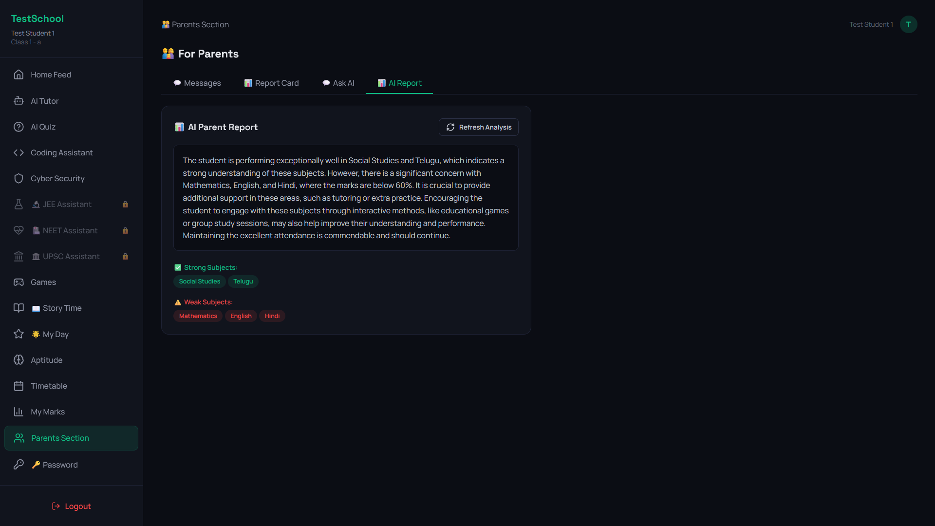 Student Dashboard — Parents Section