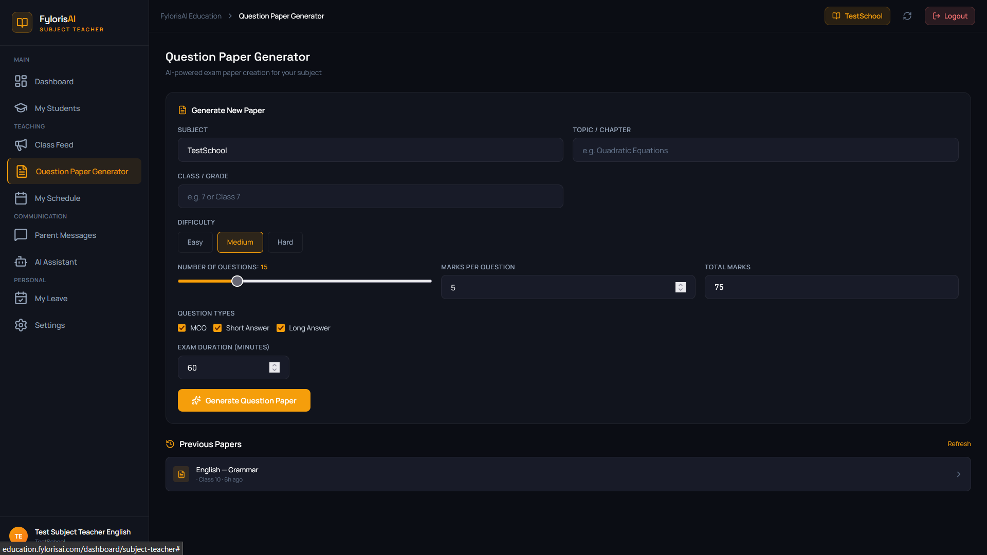 Subject Teacher Dashboard - AI Question Paper Generator